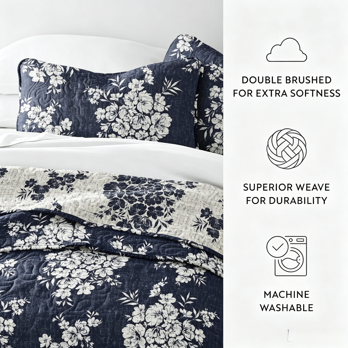 Distressed Bouquet Quilted Coverlet Set 3-Piece — Reversible Coverlet + 2 Pillow Shams, Lightweight Floral Bedding