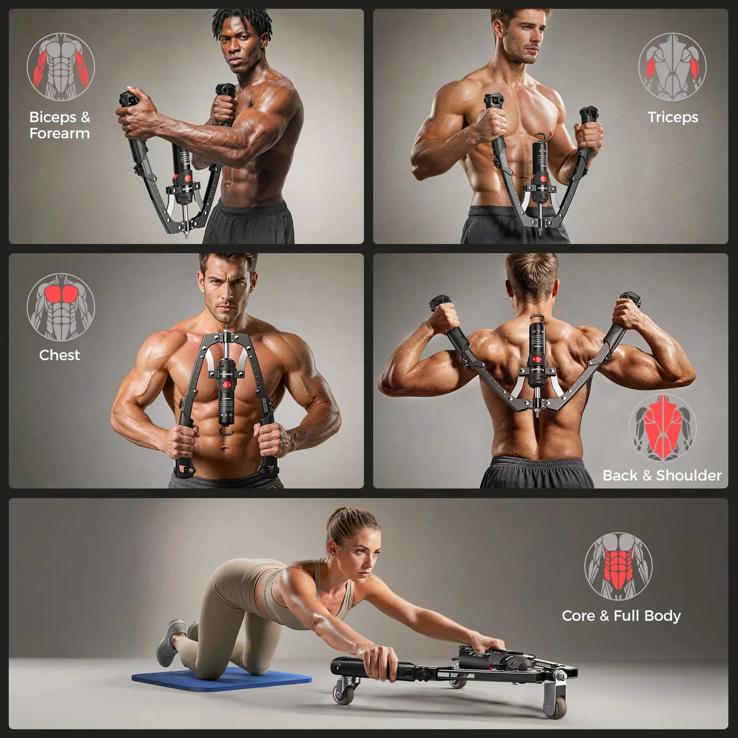 Adjustable 22-440lbs Chest Trainer Arm Exerciser — Core & Tricep Workout Equipment with Ab Roller Wheel, Home Gym Exercise Set with Pad & Carry Bag for Men Women