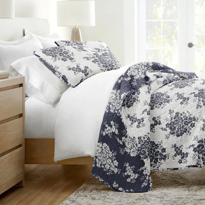 Distressed Bouquet Quilted Coverlet Set 3-Piece — Reversible Coverlet + 2 Pillow Shams, Lightweight Floral Bedding