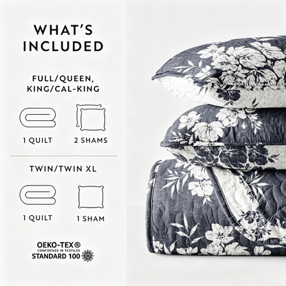 Distressed Bouquet Quilted Coverlet Set 3-Piece — Reversible Coverlet + 2 Pillow Shams, Lightweight Floral Bedding