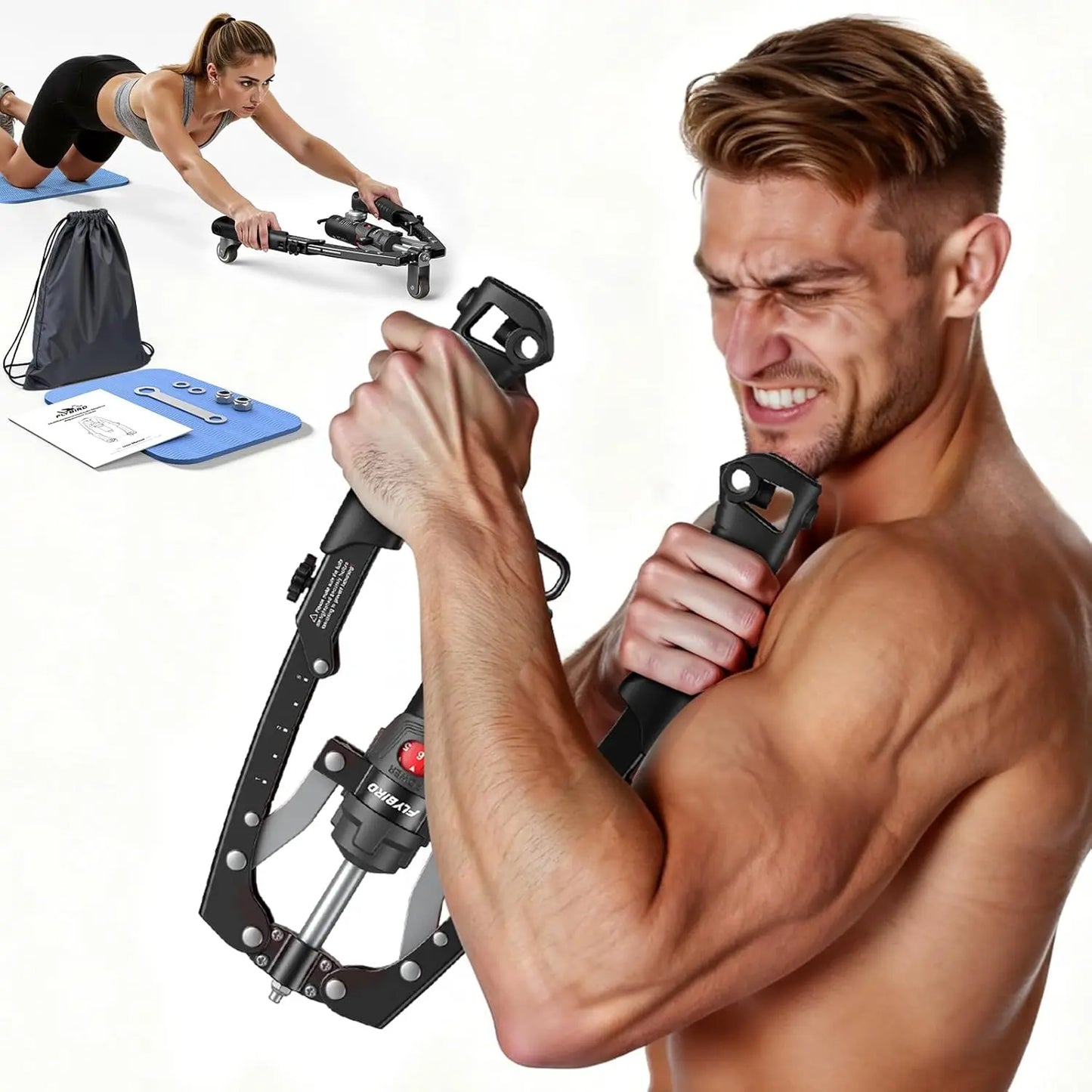 Adjustable 22-440lbs Chest Trainer Arm Exerciser — Core & Tricep Workout Equipment with Ab Roller Wheel, Home Gym Exercise Set with Pad & Carry Bag for Men Women